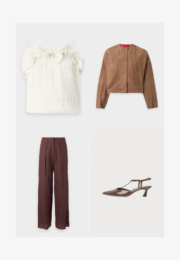 Hnedá krátka semišová bunda s dlhými rukávmi, okrúhlym výstrihom a dvoma prednými vreckami, zobrazená na jednofarebnom pozadí.; Hofmann Copenhagen EXCLUSIVE GENEVIVE - Top - off white; Tmavohnedé nohavice s vysokým pásom, širokými nohavicami, prednými záhybmi a štruktúrovaným pásom, vyrobené z ľahkej tkaniny.; Hnedá lodička zo lakovanej kože so špičkou, nízkym kitten opätkom, tenkým T-remienkom a zapínaním okolo členka na pracku.