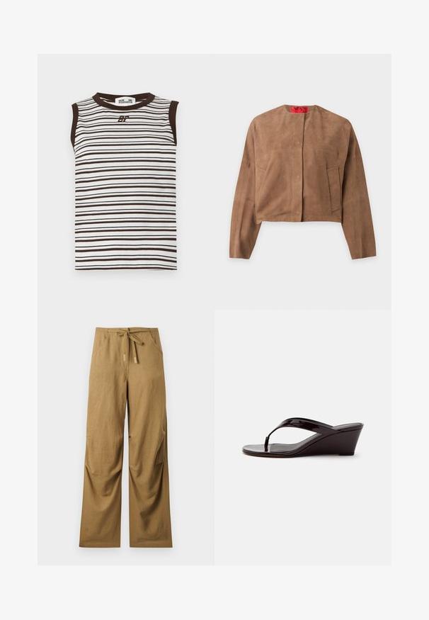 Καφέ καπιτονέ τζάκετ από σουέτ με μακριά μανίκια, στρογγυλή λαιμόκοψη και δύο μπροστινές τσέπες, παρουσιάζεται σε απλό φόντο.; Λευκή μπουστάκι χωρίς μανίκια με λεπτές οριζόντιες σκούρες καφέ ρίγες, σκούρο καφέ τελείωμα στο κολάρο και στις μασχάλες, και το λογότυπο "6F" στο κέντρο του στήθους.; Καφέ παντελόνι με φαρδιά μπατζάκια, μπροστινές τσέπες και ζώνη στη μέση, φτιαγμένο από ελαφρύ ύφασμα.; Καφέ δερμάτινο σανδάλι με πλατφόρμα και λουρί μεταξύ δακτύλων, με ανοιχτά δάκτυλα, εμφανίζεται σε πλάγια όψη σε απλό φόντο.