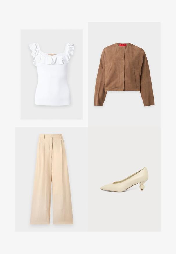 Veste courte en daim marron avec manches longues, col rond et deux poches avant, présentée sur un fond uni.; Haut blanc sans manches en maille côtelée avec encolure carrée et bordure à volants le long des épaules et de la poitrine.; Pantalon beige taille haute à jambes larges avec passants de ceinture et fermeture éclair devant sur un fond uni clair.; Chaussure femme couleur crème à bout pointu avec un petit talon rond en forme de boule, sur fond uni.