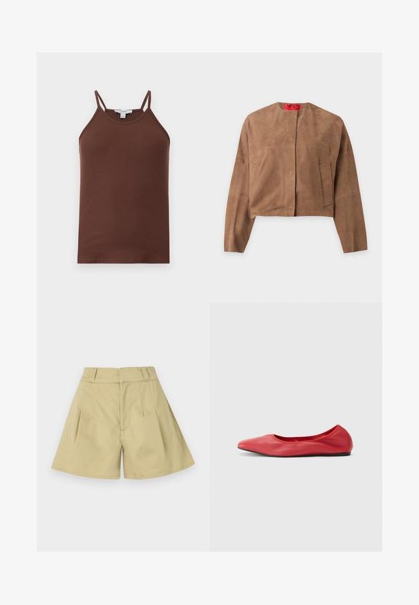 Veste courte en daim marron avec manches longues, col rond et deux poches avant, présentée sur un fond uni.; Débardeur marron côtelé avec fines bretelles doubles et encolure légèrement arrondie, présenté à plat sur un fond clair.; Short beige taille haute avec passants pour ceinture, plis à l’avant et jambes légèrement évasées.; Filippa K REY FLATS - Ballerines - bright red