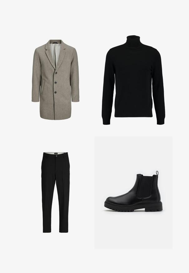 Abrigo de mezcla de lana marrón que cuenta con solapa muestrada, tres botones negros, bolsillos laterales y un forro interior liso de color claro.; Jersey de cuello alto negro hecho de un material de punto suave. Cuenta con mangas largas, collar y dobladillo acanalados. Diseño simple y elegante sin patrones.; Pantalones negros de tela suave, con un diseño ajustado, piernas rectas, dos bolsillos frontales y cierre de un solo botón.; Zign by Zalando LEATHER - Botines - black
