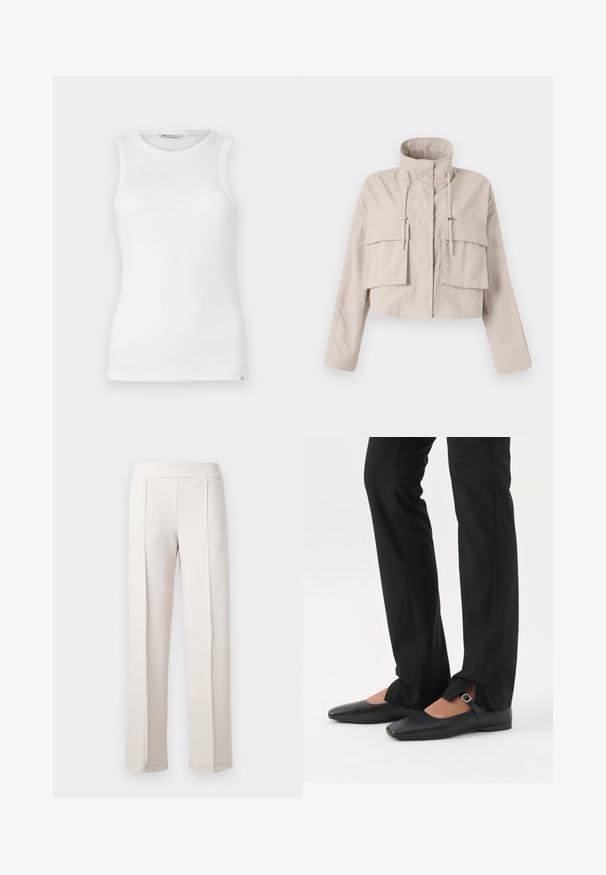 Veste beige raccourcie en tissu léger, dotée d'un col montant, d'un cordon de serrage ajustable et de deux grandes poches à rabat à l'avant.; Débardeur blanc sans manches en tissu côtelé, avec un col rond, une texture lisse et une petite étiquette de marque sur la couture latérale inférieure.; Pantalon large beige clair en tissu lisse, doté d'une taille haute, de deux plis avant et d'une finition propre et ajustée.; Jambes vêtues d’un pantalon slim noir avec des fentes à l’avant de l’ourlet, assorties à des chaussures plates Mary Jane noires avec une petite bride à boucle.