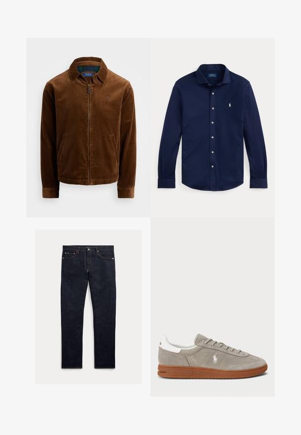 Braune Cordjacke mit Reißverschluss vorne, spitzem Kragen und zwei Seitentaschen. Mit einem gestickten Logo auf der Brust.; Marineblaues langärmliges Hemd mit Knopfleiste, Kragen und kleinem weißen gesticktem Polo Ralph Lauren Logo auf der Brust.; Dunkle Jeans aus Denim mit geradem Schnitt, fünf Taschen, orangefarbener Naht und Knopfleiste. Das Gewebe hat eine glatte Textur.; Graue Wildledersneaker mit weißen Lederakzenten, runder Zehenform, tonalen Schnürsenkeln und brauner Gummisohle. Mit gesticktem Logo an der Seite.