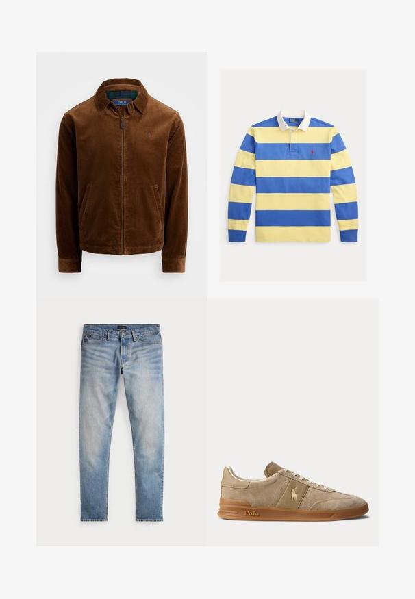 Braune Cordjacke mit Reißverschluss vorne, spitzem Kragen und zwei Seitentaschen. Mit einem gestickten Logo auf der Brust.; Blau-gelb gestreiftes Langarm-Poloshirt mit weißem Kragen, versehen mit einem kleinen roten Logo auf der linken Brust und einem klassischen Schnitt.; Helle blaue Denim-Jeans mit einem ausgewaschenen Finish, Fünf-Taschen-Design und kontrastierenden Nähten. Mit Reißverschluss und Gürtelschlaufen. Gerade geschnitten.; Beiger Wildleder- und Leder-Low-Top-Sneaker mit Gummisohle, weißen Schnürsenkeln und Polo-Logo an der Seite und an der Sohle.