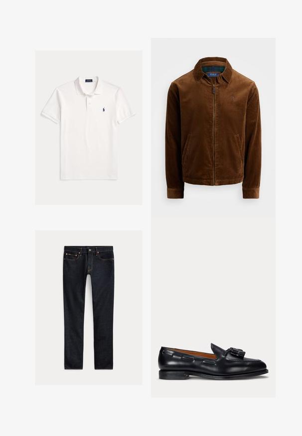 Braune Cordjacke mit Reißverschluss vorne, spitzem Kragen und zwei Seitentaschen. Mit einem gestickten Logo auf der Brust.; Weißes Polo Ralph Lauren Kurzarmhemd mit Kragen, Zweiknopfleiste und kleinem dunkelblau besticktem Pferdelogo auf der linken Brust.; Dunkelblaue Slim-Fit-Jeans mit fünf Taschen, Knopfverschluss und Kontrastnähten, flach auf hellem Hintergrund ausgelegt.; Schwarzer Lederloafer mit Quasten-Detail und niedrigem Absatz, seitlich vor einfarbigem Hintergrund.