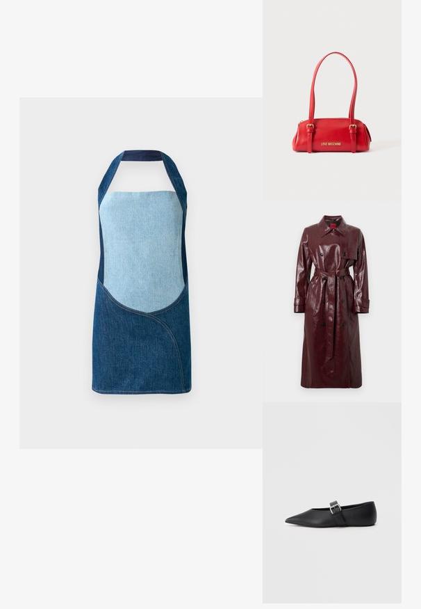 Bordeauxrode, glanzende trenchcoat met een tailleceintuur, een dubbelgeknoopte voorkant en een puntige kraag; heeft grote zwarte knopen en lange mouwen.; Denim schort met een mix van licht en donkerblauwe stoffen, met gebogen paneelontwerpen en een halternek silhouet.; Zwarte leren platte schoen met puntige neus en zijriem met gesp. Gladde textuur, minimalistisch ontwerp, laag profiel. Geschikt voor casual draagstijl.; Rode rechthoekige Love Moschino handtas met twee lange banden en gouden gespdetails op een lichte achtergrond.