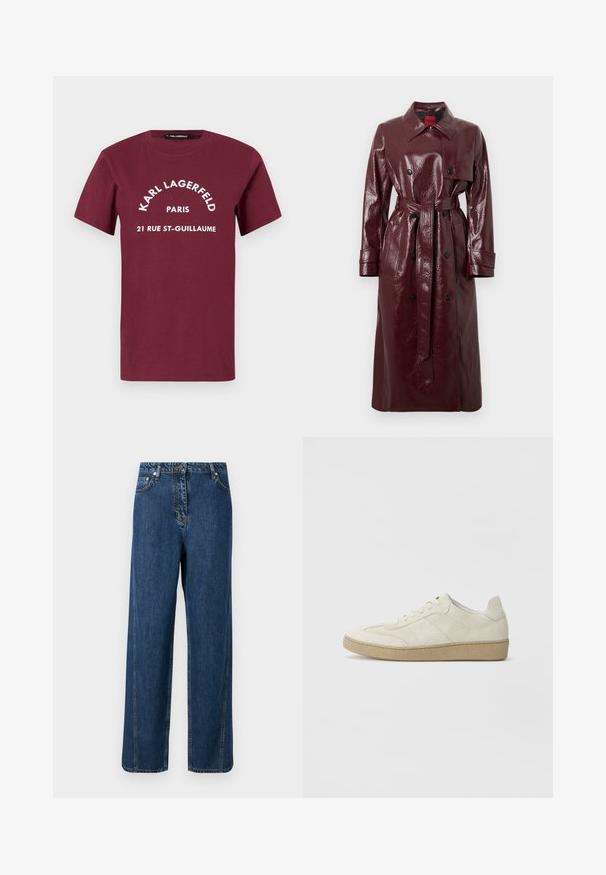 Burgunderroter, glänzender Trenchcoat mit tailliertem Gürtel, doppelreihiger Vorderseite und spitzem Kragen; ausgestattet mit großen schwarzen Knöpfen und langen Ärmeln.; Bordeauxfarbenes T-Shirt mit kurzen Ärmeln und weißem Aufdruck "KARL LAGERFELD PARIS 21 RUE ST-GUILLAUME" zentral auf der Vorderseite.; Blaujeans mit weitem Bein, vorne Knopf- und Reißverschluss, vordere und hintere Taschen sowie sichtbare Nähte.; Beige Wildledersneaker mit strukturiertem Design, flacher Gummisohle und ausgeprägter Seitennaht. Runde Zehenform und gepolsterter Kragen.