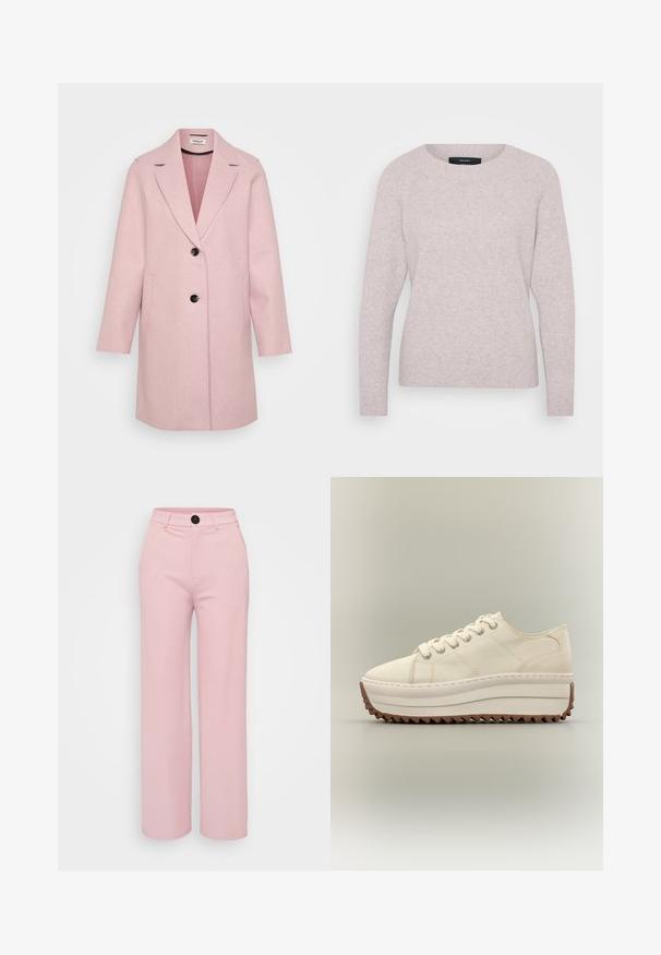Hellrosa Wollmischmantel mit Reverskragen, einreihigem Schnitt, zwei Vordertaschen und schwarzen Knöpfen. Glatte Textur und leicht strukturierte Form.; Helles rosa Sweatshirt mit rundem Ausschnitt, langen Ärmeln und gerippten Bündchen. Niedrige Textur mit einem dezenten Melange-Muster.; Helle rosa weite Hose mit glatter Textur, ausgestattet mit einem schwarzen Knopf und einem klassischen Taillendesign. Keine zusätzlichen Taschen sichtbar.; Cremefarbener Plateau-Sneaker mit dicker weißer Sohle und braunem Zickzack-Profil, Schnürverschluss und Obermaterial aus Canvas.