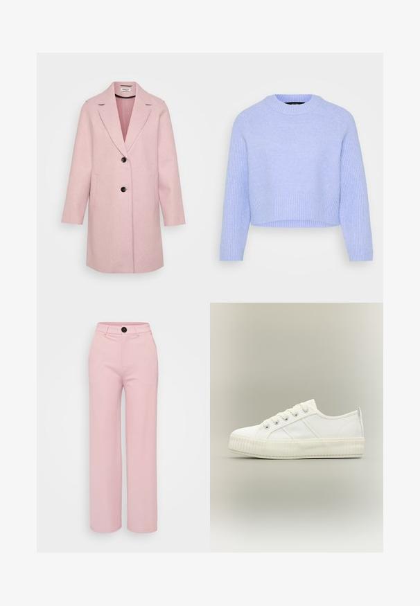 Lyserød uldblandet frakke med reverskrave, enkeltradet design, to forlommer og sorte knapper. Glat tekstur og let struktureret form.; Lysblå cropped sweater lavet af blødt, tekstureret stof, med ribbet halsudskæring og kant samt lange ærmer.; Lys rosa bred benbukser med en glat tekstur, der har en sort knap og et klassisk talje design. Ingen ekstra lommer synlige.; Hvid lavtop sneaker med tyk ribbet sål, snørelukning foran og trækflap på hælen mod en neutral baggrund.