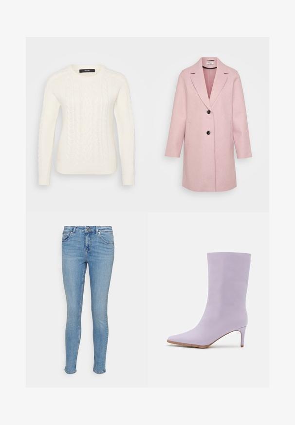 Manteau rose clair en mélange de laine avec col à revers, coupe simple boutonnage, deux poches avant et boutons noirs. Texture lisse et forme légèrement structurée.; Pull en tricot blanc avec un motif de câble texturé, col rond et poignets et ourlet côtelés. Fabriqué à partir d'un matériau doux et chaud.; Gina Tricot Petite MID WAIST SKINNY JEANS - Jeans Skinny - standard blue; Even&Odd by Zalando Bottes - purple