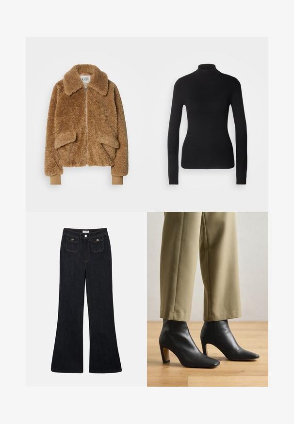 Pruun kunstkarusnahast bomber-jakk lukuga, suure krae ja kahe eespool oleva taskuga. Ribatud varrukad heledamas toonis.; Mustem turtleneck-sviiter, mis on valmistatud kerge kudumiskangast. Omab pikki varrukaid, slim-fit lõiget ja pehmet soonikut.; Mustad tume denim püksid, millel on kõrge vöökoht, kaks esikot ja oranž õmblus. Materjal näeb välja vastupidav ja sile.; Must mustad jalatsid mustast nahast, terava ninaga, ruudukujulise kontsaga ja siledast tekstuurist, koos beezide kohandatud pükstega.