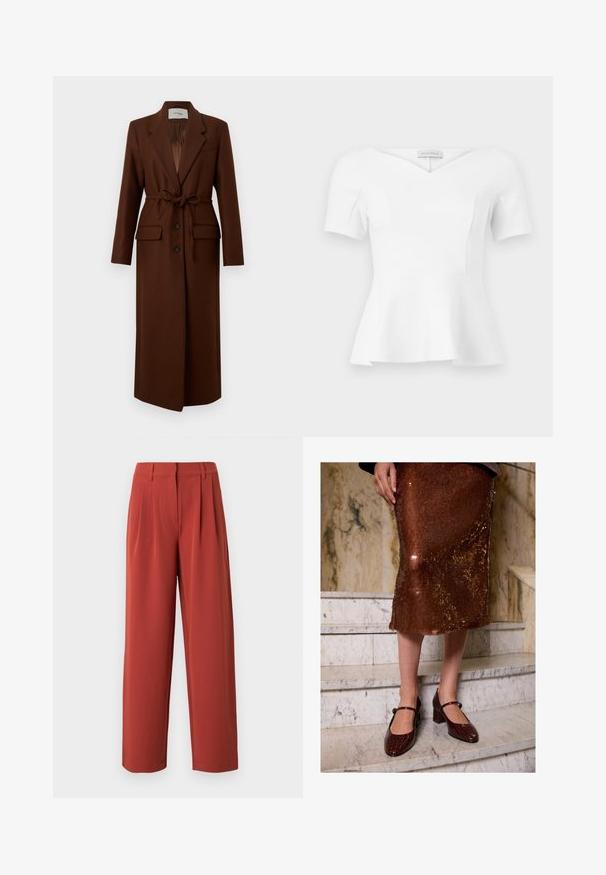 Long manteau en laine marron avec col à revers, boutons sur le devant, ceinture à nouer à la taille et deux poches à rabat devant, présenté sur fond blanc.; Haut blanc à manches courtes avec basque, encolure en cœur et taille cintrée, étiquette "Anna Field" visible à l'intérieur du col.; Pantalon ample taille haute de couleur rouille avec passants pour ceinture, plis devant et fermeture cachée à l'avant.; Femme portant une jupe midi en sequins bruns et des escarpins Mary Jane en crocodile texturé marron foncé, se tenant sur des escaliers en marbre.