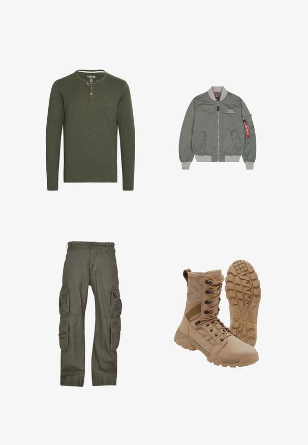 Chaqueta bomber verde hecha de nailon brillante con puños ribeteados y cuello, cierre delantero con cremallera, dos bolsillos laterales y una etiqueta roja en la manga.; Solid SDVOLKO - Camiseta de manga larga - olive; Pantalones cargo de algodón verde oliva, con múltiples bolsillos laterales, un corte holgado y costuras reforzadas para mayor durabilidad.; Bota táctica color beige con diseño de cordones hasta la altura del tobillo y suela de goma resistente, una bota en posición vertical y la otra mostrando el patrón de la suela.