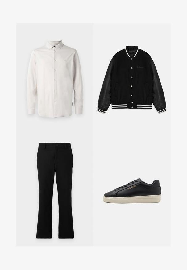 Sort varsity-jakke med uldkrop, læderærmer, trykknapper og ribstrikkede manchetter med hvide striber. "Les Benjamin" broderet detalje.; Hvid langærmet skjorte med knapper, krave og et subtilt "A|X" logo broderet på venstre bryst.; Sorte flagrende bukser lavet af en blanding af bomuldsstof, med knaplukning, bælteløkker og en glat tekstur uden synlige mønstre.; Sorte lædersneakers med en glat finish, kontrasterende cremefarvet sål, rund tå, guld logo på siden og seks huller til snørebånd.
