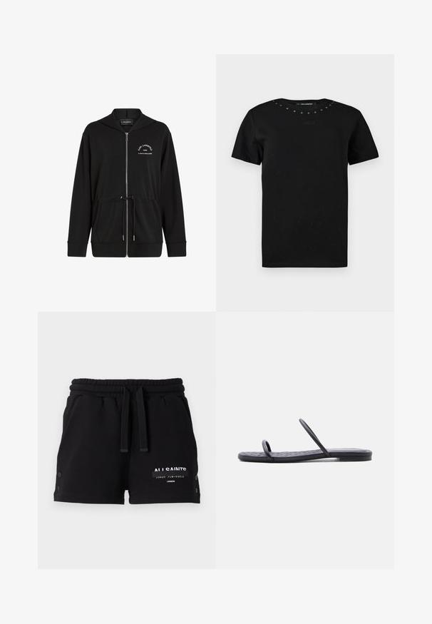 Sweat à capuche noir zippé avec poches avant, taille à cordon de serrage, et texte blanc "Karl Lagerfeld Paris 21 Rue St-Guillaume" sur le côté gauche de la poitrine.; T-shirt noir à manches courtes avec encolure ronde, petits clous métalliques le long du col et signature brodée subtile sur la poitrine.; Short noir à taille élastique avec cordon, poches latérales, détails boutons sur les côtés, et texte blanc All Saints avec des caractères japonais sur la jambe gauche.; Sandale plate noire avec semelle fine matelassée et deux fines brides sur les orteils et le milieu du pied, présentée de profil sur fond blanc.