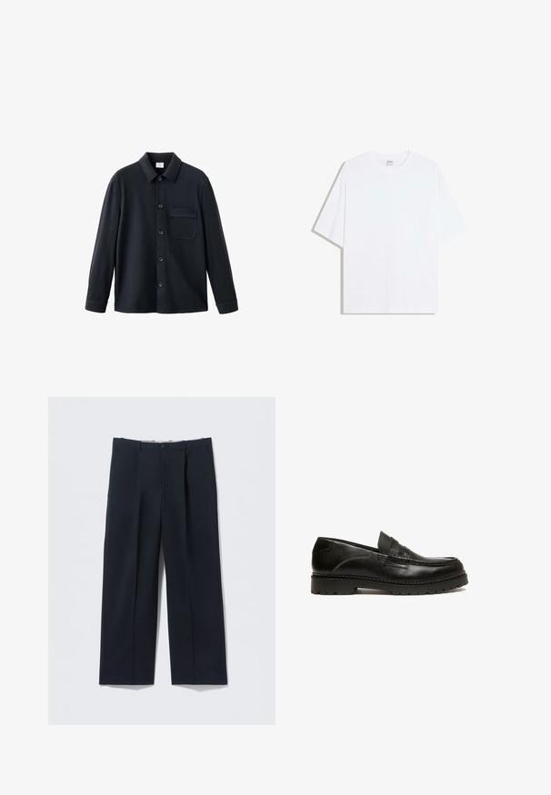Chemise noire à boutons sur le devant, à manches longues, avec col, poche avant et texture lisse. Fabriquée en tissu doux et résistant.; T-shirt oversize en coton blanc avec un col rond et des manches courtes ; texture lisse, sans motifs ni accents visibles.; Pantalon bleu marine foncé en tissu lisse, avec une coupe ajustée, deux poches avant et une fermeture par bouton.; Mocassin en cuir noir avec un design cousu, profil bas et semelle en caoutchouc texturé. Présente une large bande sur le devant et une finition lisse.