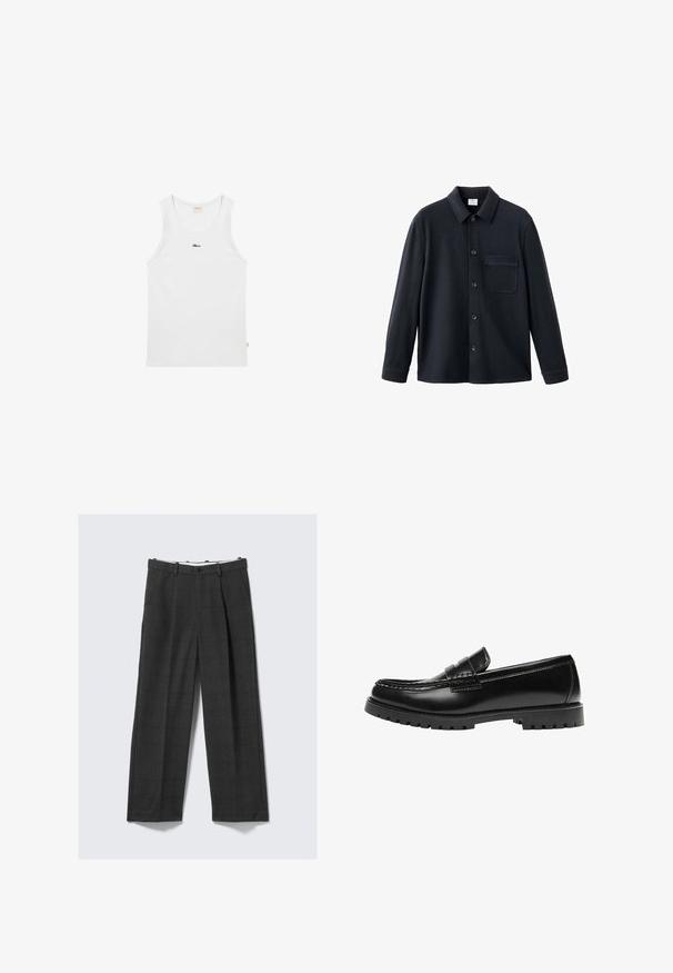 Chemise noire à boutons sur le devant, à manches longues, avec col, poche avant et texture lisse. Fabriquée en tissu doux et résistant.; Débardeur blanc sans manches avec col rond et petit texte logo noir centré sur la poitrine sur fond uni.; Pantalons larges, gris foncé, avec un motif à carreaux, confectionnés dans un tissu texturé. Dotés d'une fermeture à bouton et de deux poches latérales.; Mocassin en cuir noir avec une semelle en caoutchouc épaisse et un détail classique de bride à monnaie, vu de côté extérieur.