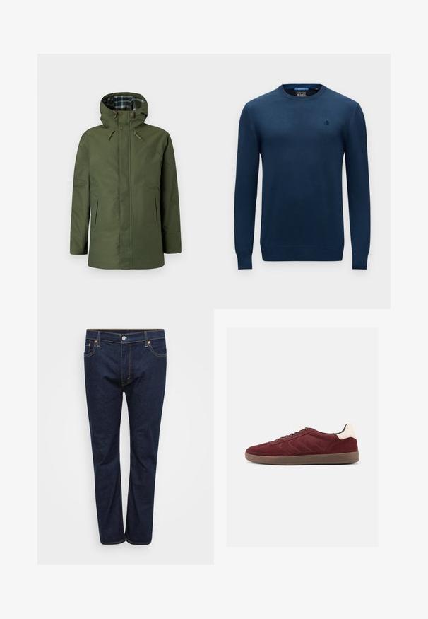 Olivgrüne wasserdichte Jacke mit Kapuze, innen mit kariertem Futter, Seitentaschen und Knopfdetails vorne.; Marineblauer Pullover mit langen Ärmeln und Rundhalsausschnitt, mit gerippten Bündchen und Saum, mit kleinem gesticktem Logo auf der linken Brust.; Dunkelblaue Denim-Jeans mit geradem Bein, sichtbar abgenäht in kontrastierendem Gelb, fünf Taschen und einem vorderen Knopfverschluss.; Bordeauxrote Veloursledersneaker mit Schnürung vorne, strukturierten seitlichen Details und hellfarbigem Fersenakzent. Gummisohle mit glatter Oberfläche.