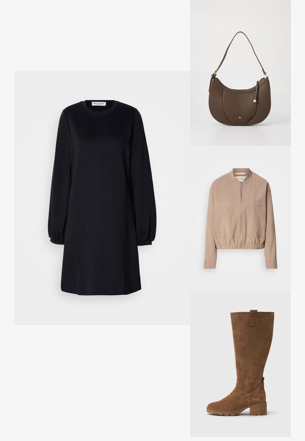 Beige Bomberjacke aus leichtem Stoff, mit einem Reißverschluss, geripptem Saum und zwei vorderen Taschen. Hoher Kragen.; Schwarzes Langarmkleid mit rundem Ausschnitt, lockerer Passform und gerafften Manschetten. Glattes Material mit einem einfachen, minimalistischen Design.; Tamaris Stiefel - brown; Braune Leder-Schultertasche mit einer geschwungenen Form, akzentuiert durch ein kleines goldfarbenes Hardware-Detail und einer strukturierten Oberfläche, ausgestattet mit einem Reißverschluss.