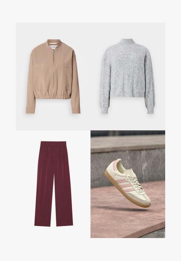 Beige bomber τζάκετ κατασκευασμένο από ελαφρύ ύφασμα, με κλείσιμο με φερμουάρ, λαιμό ribbed και δύο μπροστινές τσέπες. Σχεδίαση με ψηλό γιακά.; Ανοιχτό γκρι πουλόβερ πλέξης με ψηλό γιακά, σχεδίαση cropped, υφή και ριμπ μανσέτες. Μαλακό ύφασμα με χαλαρή εφαρμογή.; Μπορντό παντελόνια με φαρδιά πόδια, με πιέτες στο μπροστινό μέρος, πλαϊνές τσέπες, θηλιές ζώνης και κρυφό κλείσιμο στο μπροστινό μέρος.; Αθλητικό παπούτσι σε μπεζ δέρμα με ροζ λεπτομέρειες, διαθέτει τρεις πλευρικές ρίγες, στρογγυλεμένη μύτη και υφασμένο πάτο από καουτσούκ. Ελαφρώς επενδεδυμένος γιακάς.
