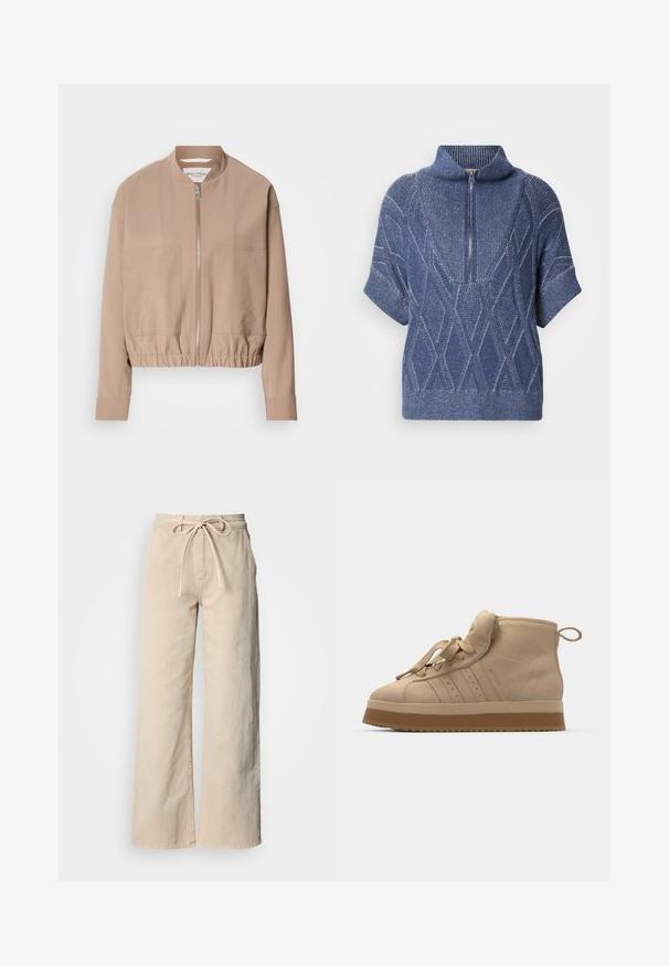 Beige bomber jacket valmistettu kevyestä kankaasta, jossa on vetoketjukiinnitys, ribbiohje ja kaksi etutaskua. Korkea kaulussuunnittelu.; Sininen neulepaita, jossa on vetskariaukollinen korkea kaulus, lyhyet hihat ja timanttikuviot. Teksturoitu kangas, jossa on kontrastivärisiä vaaleita lankoja.; Beiget, leveälahkeiset puuvillahousut, joissa on kiristysnyöri vyötäröllä, sileä pinta ja yksinkertaiset ompelut.; Beige mokkasukasta valmistetut korkeat lenkkarit, joissa on paksu kumipohja, taitettava kieli, pyöreä kärki ja koristeelliset nauhat.