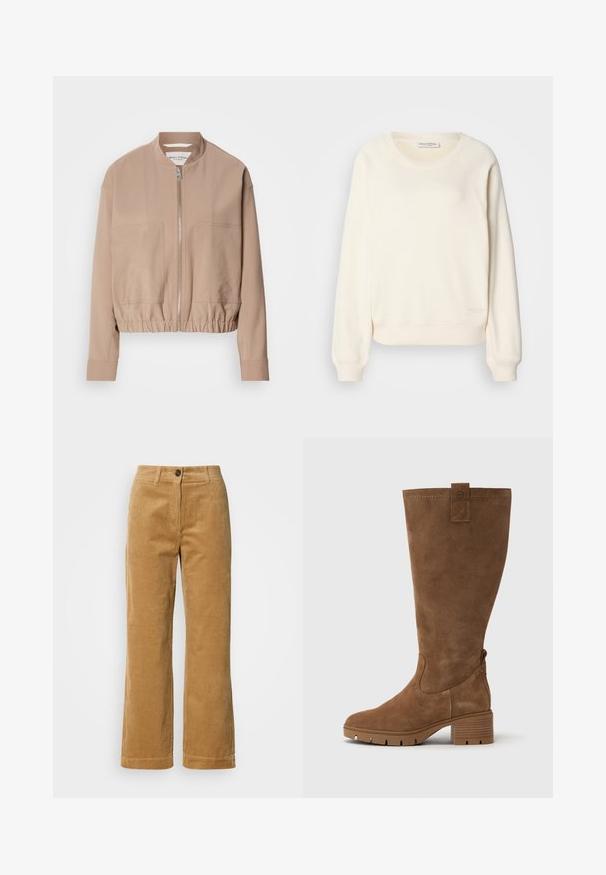 Beige bomberjack gemaakt van lichtgewicht stof, met een ritsluiting, geribbelde zoom en twee voorzakken. Hoge kraagontwerp.; Sweatshirt in crèmekleurige zachte stof, met raglanmouwen, geribbelde manchetten en zoom, en een subtiel logo aan de onderkant.; Bruine corduroy broek met rechte pijpen, knoop- en ritssluiting, ceintuurlussen en zijzakken op een witte achtergrond.; Tamaris Laarzen - brown