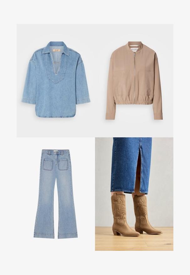 Beige bomberjakke lavet af letvægtsstof med lynlås, ribbet kant og to frontlommer. Høj kravedesign.; Lys blå denim pullover skjorte med V-hals, korte ærmer og let buet kant. Har kontrasterende syninger langs halsudskæringen.; Lysblå, flagrende denim jeans med høj talje, der har to baglommer og synlige søm langs sømmene.; Tan western-stil støvler med dekorativ syning, spids tå og stakket hæl. Båret med en denimnederdel i knæ længde, der afslører støvlerne.