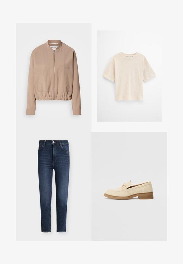 Beige bomberjakke lavet af letvægtsstof med lynlås, ribbet kant og to frontlommer. Høj kravedesign.; Flødefarvet T-shirt med korte ærmer og rund hals, løs pasform og subtil tekstur på en ensfarvet lys baggrund.; Mørkeblå jeans med høj talje, frontknap og lynlås, to forlommer og tilspidsede ben på hvid baggrund.; Beige tekstil loafers med en lav blokhæl, der har et syet design og en dekorativ hardware accent i guldtoner på overdelen.