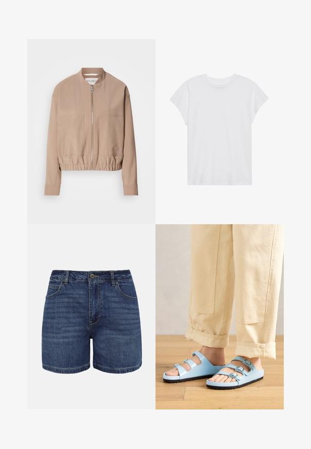 Veste bomber beige en tissu léger, dotée d'une fermeture éclair, d'une bordure côtelée et de deux poches avant. Design à col montant.; T-shirt blanc à manches courtes, col rond, coupe décontractée, en tissu de coton doux. Texture lisse, sans motifs ni logos.; Shorts en denim bleu foncé avec bouton frontal, fermeture éclair, passants pour ceinture et poches avant, présentés sur un fond blanc.; Des sandales à glissière bleu clair avec trois sangles réglables et des boucles en argent ; semelle texturée et matériau supérieur lisse. Portées avec un pantalon beige retroussé.