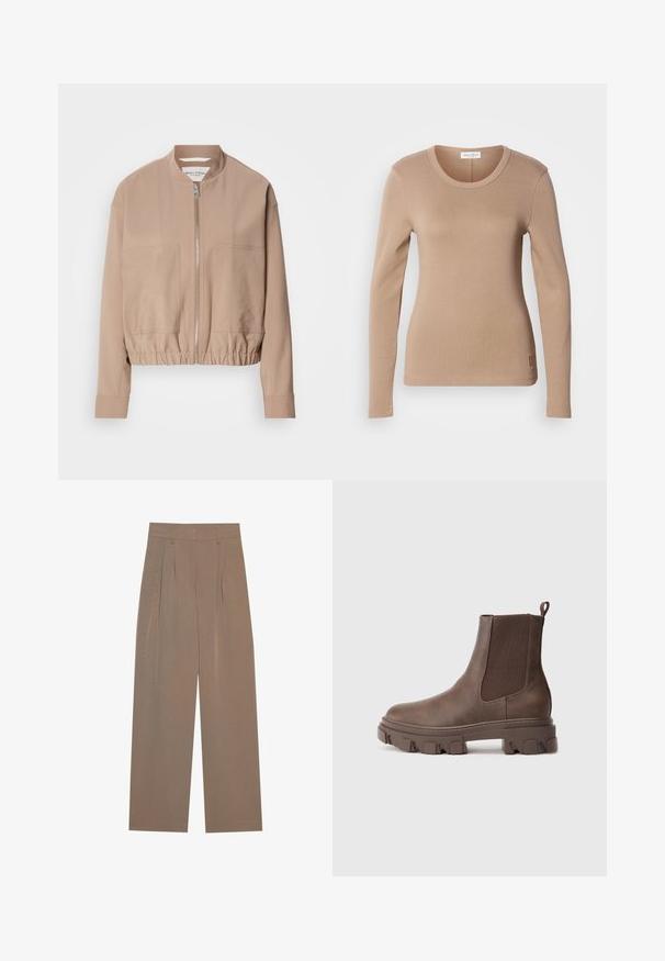 Beige bomberjakke lavet af letvægtsstof med lynlås, ribbet kant og to frontlommer. Høj kravedesign.; Langærmet top i lys beige med rund halsudskæring og tætsiddende pasform. Lavet af blødt, strækbart stof med en subtil tekstur. Lille logo detail ved kanten.; Brune plisserede bukser med bred ben-design, der har en flad talje og sidelommer, lavet af et letvægtsstof.; Brun ankelstøvle lavet af tekstureret materiale med elastiske sidepaneler, trækstrop og en chunky sål med mønster for forbedret greb.