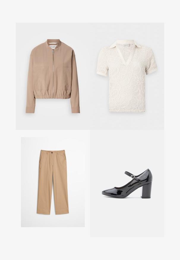 Beige bomberjakke lavet af letvægtsstof med lynlås, ribbet kant og to frontlommer. Høj kravedesign.; Cremefarvet kortærmet bluse i blonder med blomsterprint, V-hals og krave, lavet af let gennemsigtigt stof.; Beige bomuldsbukser med lige ben, knaplukning foran og en glat tekstur. Har standard bærestropper og flad frontdesign.; Sorte patenterede læder højhælede sko med rund tå, ankelrem og blok hæl. Skinnende overflade med en glat tekstur.