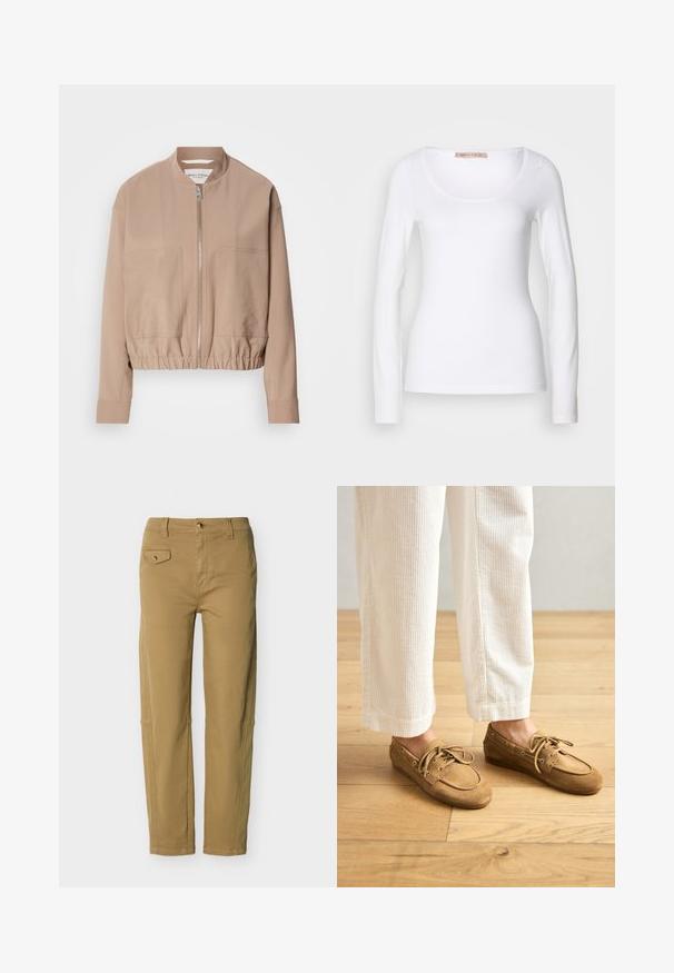 Beige bomberjakke lavet af letvægtsstof med lynlås, ribbet kant og to frontlommer. Høj kravedesign.; Langærmet hvid bomulds T-shirt med rund halsudskæring og tætsiddende design, med glat tekstur og uden udsmykninger.; Khakifarvede bukser med lige ben, knap- og lynlåslukning, bæltestropper og en lille klaplomme med knap på forsiden til venstre.; Brune ruskinds bådsko med snørebånd, der har en rund tå og syede detaljer. Båret med hvide kordfløjl-bukser i en træagtig indstilling.