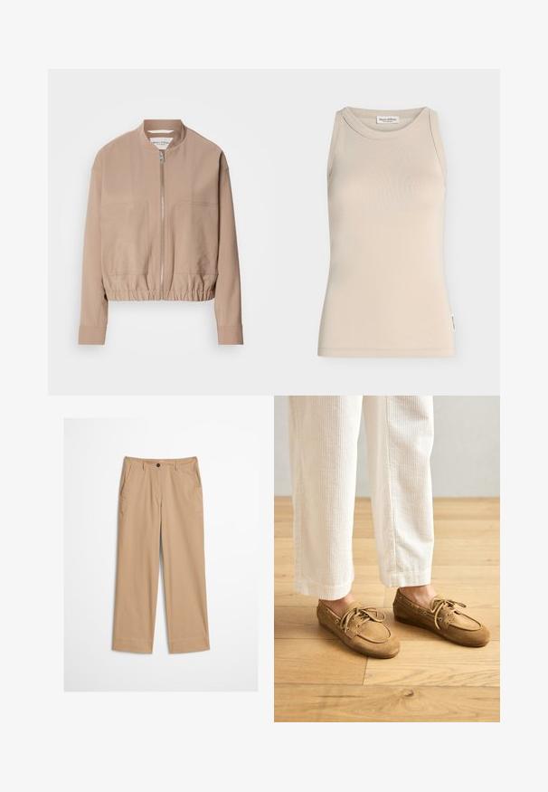 Beige bomber τζάκετ κατασκευασμένο από ελαφρύ ύφασμα, με κλείσιμο με φερμουάρ, λαιμό ribbed και δύο μπροστινές τσέπες. Σχεδίαση με ψηλό γιακά.; Μπεζ αμάνικο τοπ με στρογγυλή λαιμόκοψη, απλό σχέδιο και μικρή ετικέτα του brand στη μασχαλιαία ραφή.; Μπεζ βαμβακερό παντελόνι με ίσια πόδια, μπροστινό κούμπωμα με κουμπιά και λεία υφή. Διαθέτει τυπικές θηλιές για ζώνη και επίπεδη μπροστινή σχεδίαση.; Καφέ σουέντ μποτ παπούτσια με κορδόνια, με στρογγυλή μύτη και ραφές. Φοριούνται με λευκά παντελόνια κωρντούρας σε ξύλινο περιβάλλον.