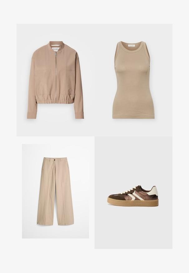 Chaqueta bomber beige hecha de tela ligera, con cierre de cremallera, dobladillo acanalado y dos bolsillos frontales. Diseño de cuello alto.; Camiseta ajustada sin mangas para mujer en color beige, con cuello redondo y etiqueta de Marc O'Polo en la parte posterior del interior del cuello.; Pantalones beige de pierna ancha con pliegue frontal, trabillas para cinturón, cierre con botón y una pequeña etiqueta de tela en el lado derecho de la cintura.; Zapatillas marrones y crema con una combinación de materiales de ante y satén, que presentan tres rayas diagonales y una suela de goma texturizada.