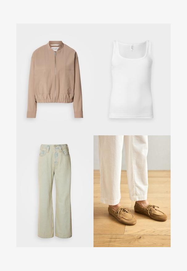 Beige bomber τζάκετ κατασκευασμένο από ελαφρύ ύφασμα, με κλείσιμο με φερμουάρ, λαιμό ribbed και δύο μπροστινές τσέπες. Σχεδίαση με ψηλό γιακά.; Λευκό βαμβακερό αμάνικο μπλουζάκι με λαιμόκοψη τύπου scoop, στενούς ιμάντες στους ώμους και εφαρμοστή γραμμή. Ομαλή υφή και λιτός σχεδιασμός.; Απαλά μπλε τζιν παντελόνια σε γραμμή καμπάνα από ντένιμ, με ψηλή μέση, πέντε τσέπες και διακριτική φθορά με αντίθετες ραφές.; Καφέ σουέντ μποτ παπούτσια με κορδόνια, με στρογγυλή μύτη και ραφές. Φοριούνται με λευκά παντελόνια κωρντούρας σε ξύλινο περιβάλλον.