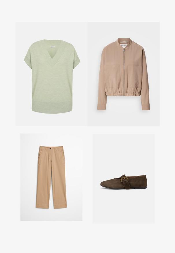 Beige bomber τζάκετ κατασκευασμένο από ελαφρύ ύφασμα, με κλείσιμο με φερμουάρ, λαιμό ribbed και δύο μπροστινές τσέπες. Σχεδίαση με ψηλό γιακά.; Φωτεινό πράσινο αμάνικο πλεκτό τοπ με V-λαιμόκοψη και ριμπ τελείωμα στο λαιμό, στα μανίκια και στο τελείωμα.; Μπεζ βαμβακερό παντελόνι με ίσια πόδια, μπροστινό κούμπωμα με κουμπιά και λεία υφή. Διαθέτει τυπικές θηλιές για ζώνη και επίπεδη μπροστινή σχεδίαση.; Καφέ σουέντ φλατ παπούτσι με φαρδιά λουρίδα και χρυσή αγκράφα, στρογγυλεμένη μύτη και χαμηλή μαύρη σόλα, εμφανίζεται σε προφίλ πλευράς σε λευκό φόντο.