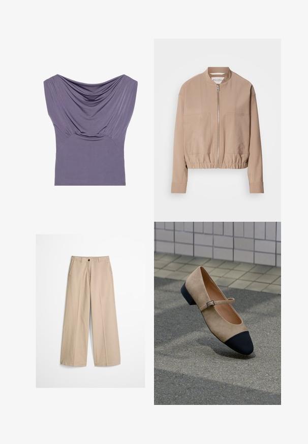 Veste bomber beige en tissu léger, dotée d'une fermeture éclair, d'une bordure côtelée et de deux poches avant. Design à col montant.; Haut ajusté violet avec décolleté drapé, manches courtes et texture froncée, fabriqué à partir d'un tissu doux et extensible pour le confort.; Pantalon beige à jambes larges avec pli frontal, passants pour ceinture, fermeture par bouton et une petite étiquette en tissu sur le côté droit de la ceinture.; Chaussure Mary Jane en daim beige avec embout rond noir et petite bride à boucle, présentée sur une surface extérieure pavée.