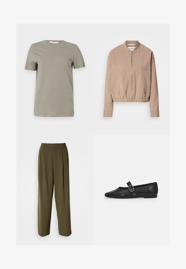 Beige bomber τζάκετ κατασκευασμένο από ελαφρύ ύφασμα, με κλείσιμο με φερμουάρ, λαιμό ribbed και δύο μπροστινές τσέπες. Σχεδίαση με ψηλό γιακά.; Καφέ κοντομάνικο μπλουζάκι φτιαγμένο από μαλακό ύφασμα. Στρογγυλή λαιμόκοψη; ευθεία ραφή. Μινιμαλιστικός σχεδιασμός χωρίς ορατά σχέδια ή διακοσμητικά στοιχεία.; Ελαιόχρωμο παντελόνι καμπάνα από ακατέργαστο ύφασμα, με ψηλή μέση, φάσες μπροστά και πλαϊνές τσέπες για λειτουργικότητα.; Μαύρο δερμάτινο φλατ παπούτσι με στρογγυλή μύτη, μία ρυθμιζόμενη αγκράφα και λεία, γυαλιστερή υφή. Μινιμαλιστικός σχεδιασμός με χαμηλό τακούνι.