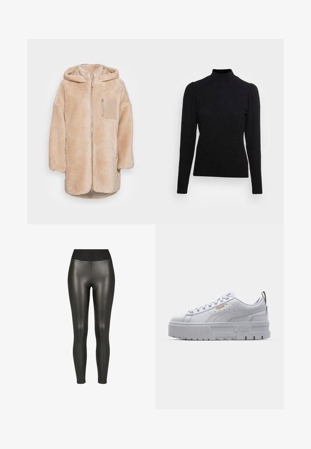 Manteau en fausse fourrure beige clair avec une capuche, fermeture éclair à l'avant et une petite poche sur la poitrine. Il dispose de manches longues et d'un ourlet arrondi. Texture douce.; Haut noir à manches longues en tissu texturé avec un col montant et des épaules bouffantes, comportant des fils métalliques subtils pour une légère brillance.; Leggings noirs taille haute en simili cuir avec une finition lisse et brillante et une coupe à la cheville sur fond blanc.; Baskets plateformes blanches avec une tige en cuir lisse, un col rembourré, une semelle en caoutchouc grise et des accents dorés arborant le logo Puma.