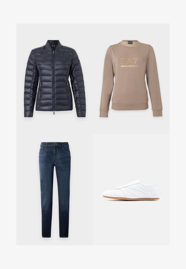 Marineblå pufferjakke med vandret kviltning, ståkrave, lynlås foran og sidelommer. Har en glat, shiny overflade og slim fit design.; Taupe langærmet sweatshirt med rund hals, gult EA7 Emporio Armani logo og lille gulddetalje på venstre skulder.; Mørkeblå denim jeans med lige pasform. Har en knap- og lynlås-lukning, fem lommer og kontrastsyet. Glat tekstur.; Hvid lavtstående sneaker med snøresystem, glat læderoverdel, diskrete syninger og lysbrun gummisål.