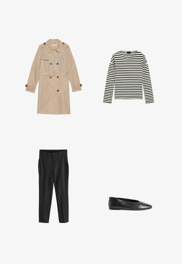 Beige trenchcoat lavet af glat stof, med et dobbeltbrystet design, store knapper, et bælte og klaplommer.; Langærmet skjorte med sorte og hvide vandrette striber og V-hals krave, vist på en ensfarvet hvid baggrund.; Sorte bukser med en glat tekstur, udstyret med lommer med lynlås foran og udtryksfulde folder. Minimalistisk design med en skræddersyet pasform.; Sort læderballetsko med spids tå, glat tekstur, minimalistisk design og en svag hæl for stabilitet.