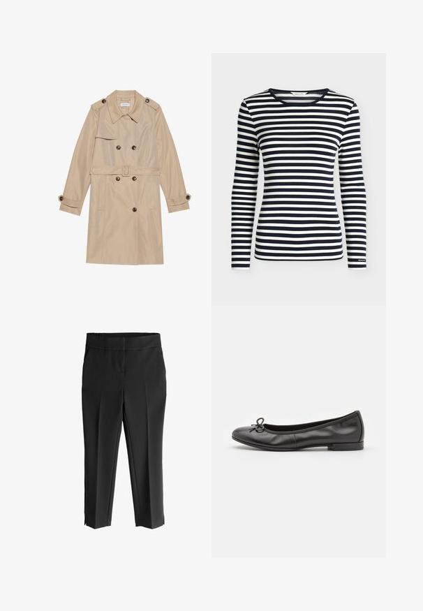 Beige trenchcoat gemaakt van gladde stof, met een dubbele rij knopen, grote knopen, een riem en klepzakken.; Oversized shirt met lange mouwen met marineblauwe en witte horizontale strepen en een ronde hals, met het merk GANT op de mouwboord.; Zwarte cropped broek met een brede tailleband, voorzien van een gladde textuur, taps toelopende benen en zijsplitten aan de zoom voor extra detail.; Zwarte leren ballerina's met een ronde neus, een klein strikaccent aan de voorkant en een lage, rechthoekige hak. Gladde textuur.