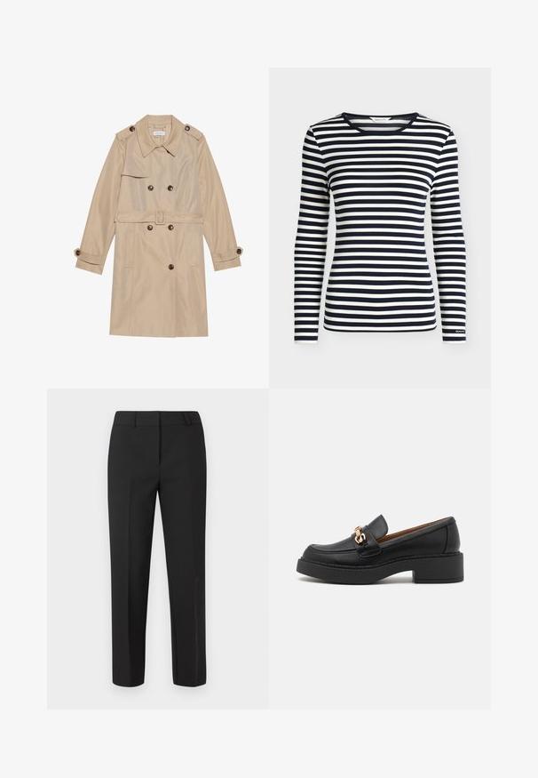 Manteau trench beige en tissu lisse, avec un design croisé, de grands boutons, une ceinture et des poches à rabat.; Chemise à manches longues avec des rayures horizontales bleu marine et blanches et un col rond, brandée GANT sur le bord de la manche.; Pantalon noir sur mesure avec une coupe droite, taille plate et sans ornements visibles. Fabriqué dans un tissu lisse avec une finition nette.; Mocassin en cuir noir avec une semelle plateforme épaisse, orné d'une chaîne métal doré et présentant des détails de couture visibles. Texture lisse et design élégant.