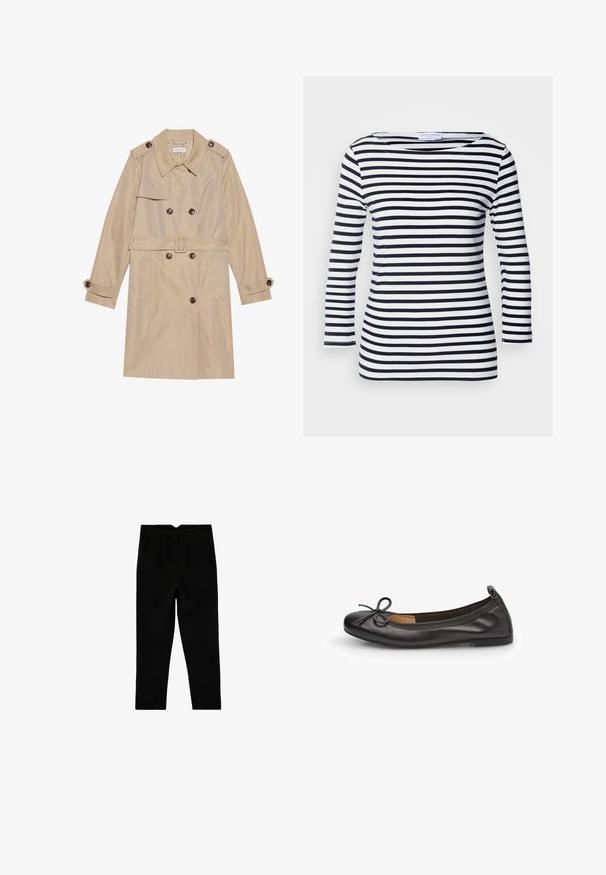 Beige trenchcoat lavet af glat stof, med et dobbeltbrystet design, store knapper, et bælte og klaplommer.; Marineblå og hvide stribede langærmede top med en bred halsudskæring og blødt, strækbart stof. Har jævne vandrette striber hele vejen igennem.; Sorte skræddersyede ankelkorte bukser med sidelommer og let tilspidset ben, vist fladt på en hvid baggrund.; Sorte læderballetsko med rund tå, slank sløjfedetalje foran og elastisk kant for en sikker pasform. Flad sål for komfort.