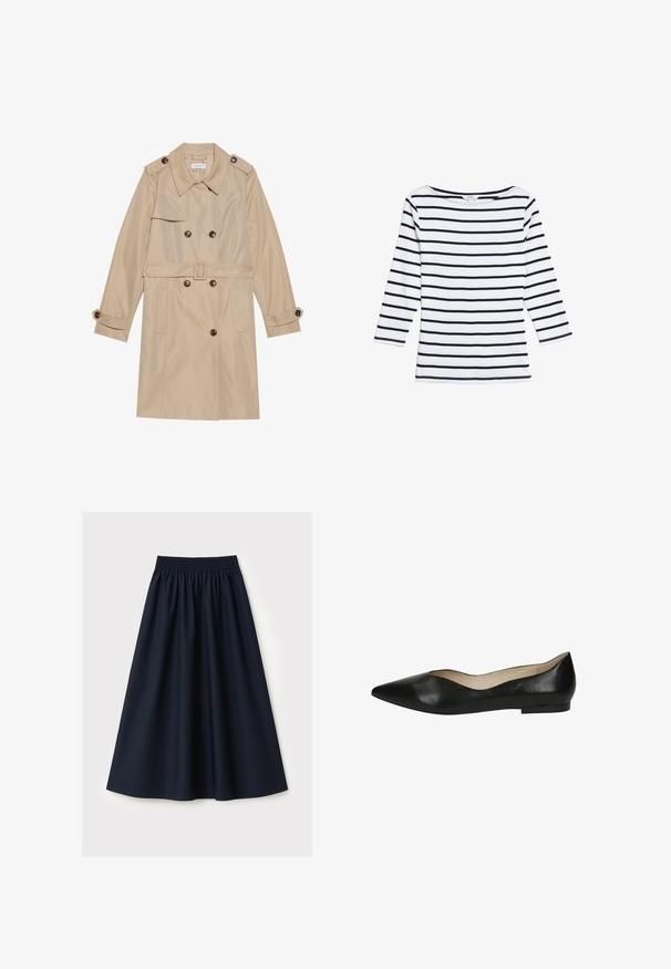 Beige trenchcoat gemaakt van gladde stof, met een dubbele rij knopen, grote knopen, een riem en klepzakken.; Marks & Spencer STRIPED SLASH NECK - Longsleeve - white mix; Marineblauwe rok gemaakt van gladde stof, voorzien van een elastische tailleband, uitlopende pasvorm en een knielengte. Geen patronen of accenten zichtbaar.; Zwarte leren balletschoenen met een spitse neus, een gladde textuur en een minimalistisch ontwerp. Platte zool zonder zichtbare hardware of accenten.