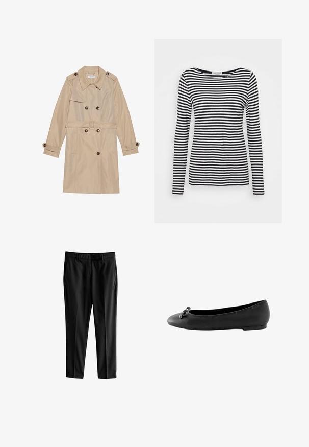 Manteau trench beige en tissu lisse, avec un design croisé, de grands boutons, une ceinture et des poches à rabat.; T-shirt à manches longues et col rond affichant un motif rayé noir et blanc. Fabriqué en tissu doux avec une coupe régulière. Design épuré et minimal.; Next TAILORED SLIM - Chino - black; Ballerines en cuir noir avec un bout rond et une semelle plate, ornées d'un accent de nœud décoratif à l'avant. Texture lisse sur l'ensemble.