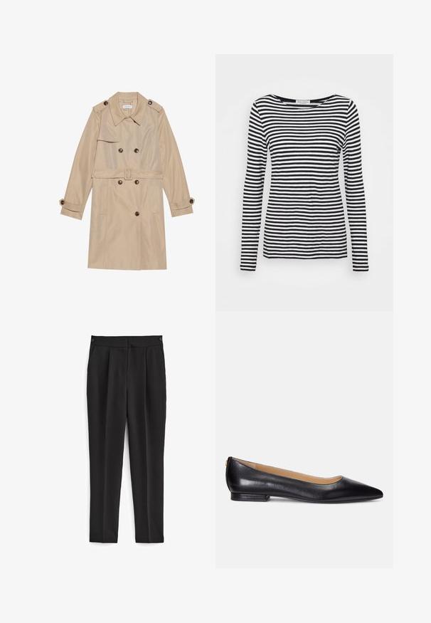 Beige trenchcoat gemaakt van gladde stof, met een dubbele rij knopen, grote knopen, een riem en klepzakken.; Langemouwen, ronde hals T-shirt met een zwart-wit gestreept patroon. Gemaakt van zachte stof met een reguliere pasvorm. Schoon, minimalistisch ontwerp.; Zwarte broek met een getailleerde pasvorm, voorzien van een platte voorkant, twee zijzakken en een strakke, naadloze uitstraling. Gemaakt van een gladde, ademende stof.; Zwarte leren ballerina's met een spitse neus, lage hak en een gouden accent op de hak. Glad textuur met een klassieke uitstraling.