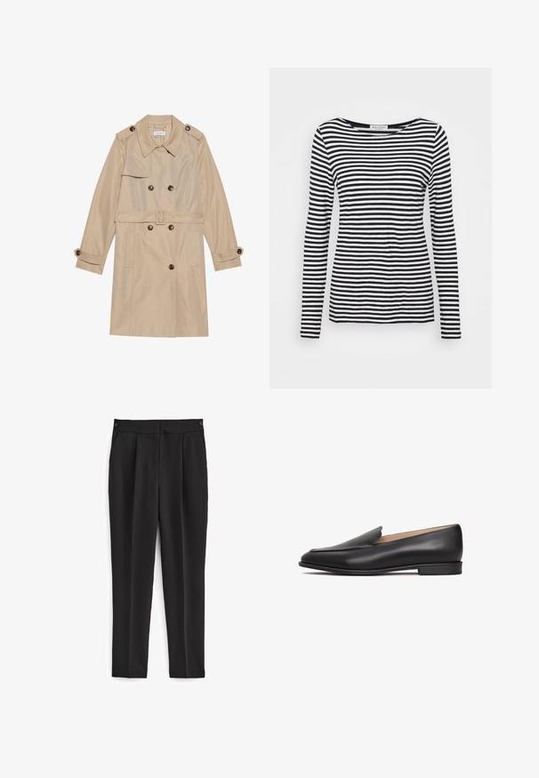 Beige trenchcoat lavet af glat stof, med et dobbeltbrystet design, store knapper, et bælte og klaplommer.; Langærmet T-shirt med rund hals, prydet med et sort-hvidt stribet mønster. Fremstillet af blødt stof med regular fit. Renset, minimalistisk design.; Sorte bukser med skræddersyet pasform, med flad front, to sidelommer og et rent, sømløst design. Fremstillet af et glat, åndbart stof.; Sort lædersko med lavprofil, rund tå og diskret tekstur. Glat finish, minimale detaljer og flad sål.