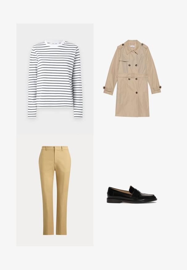 Manteau trench beige en tissu lisse, avec un design croisé, de grands boutons, une ceinture et des poches à rabat.; Chemise à manches longues en coton blanc avec des rayures horizontales noires. Présente un col rond et une coupe décontractée. Pas d'accents ou de motifs notables.; Pantalon beige droit avec passants de ceinture, fermeture éclair à l'avant et plis sur mesure sur un fond clair uni.; Mocassins en cuir noir avec une finition lisse, à bout rond, et une sangle décorative sur le devant. Design à faible talon carré.