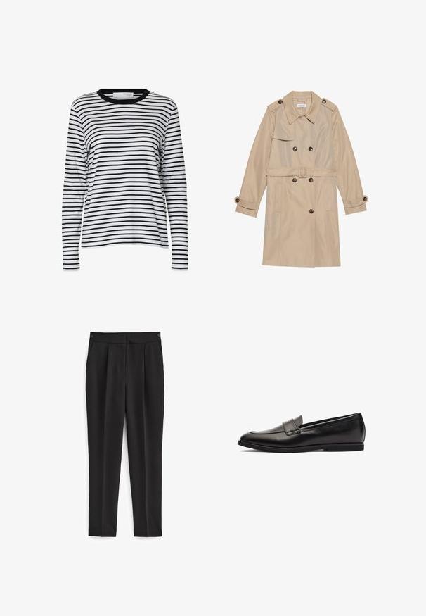 Beige trenchcoat lavet af glat stof, med et dobbeltbrystet design, store knapper, et bælte og klaplommer.; Hvid langærmet skjorte med sorte vandrette striber og en sort rund hals, vist på en ensartet hvid baggrund.; Sorte bukser med skræddersyet pasform, med flad front, to sidelommer og et rent, sømløst design. Fremstillet af et glat, åndbart stof.; Sort læder loafersko med en glat finish, rund tå og dobbelte syninger på overdelen. Flad gummisål for komfort.